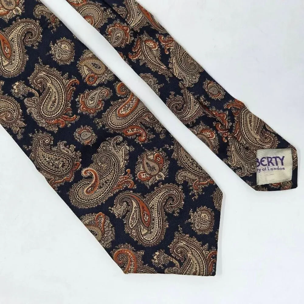 LIBERTY LONDON SILK TIE BLACK TAN ORANGE PAISLEY SMOOTH GRODINS 3.25